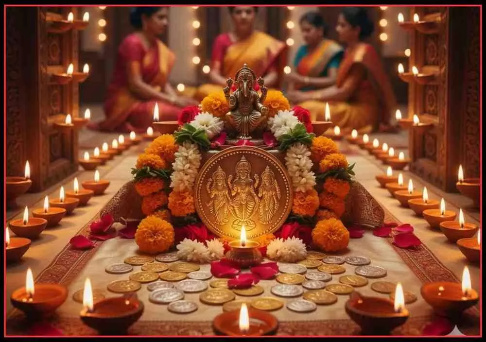 Traditional Indian Dhanteras 2025 celebration scene showing gold and silver coins, Trimutri coin with Goddess Lakshmi, Lord Ganesha, and Goddess Saraswati, decorated oil lamps (diyas), fresh flowers, and Lord Dhanvantari idol with amrit kalash, glowing warm festive ambiance symbolizing prosperity, health, and devotion. Traditional Indian Dhanteras 2025 celebration scene showing gold and silver coins, Trimutri coin with Goddess Lakshmi, Lord Ganesha, and Goddess Saraswati, decorated oil lamps (diyas), fresh flowers, and Lord Dhanvantari idol with amrit kalash, glowing warm festive ambiance symbolizing prosperity, health, and devotion.