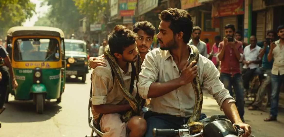 Young man rides scooter with snake wrapped around neck,