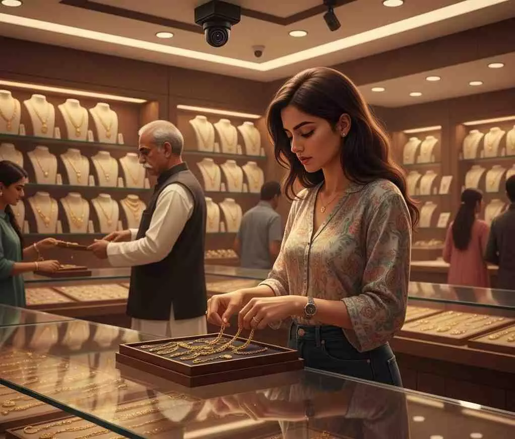 Young woman steals gold chain Young woman steals gold chain