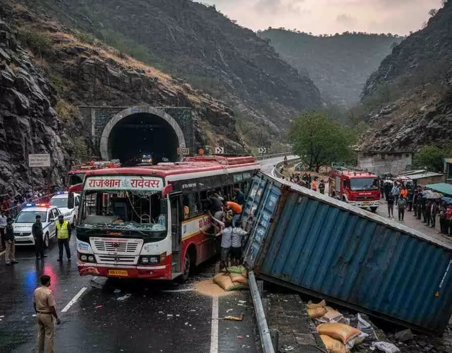 Roadways bus overturned after collision with container, half a dozen passengers injured Roadways bus overturned after collision with container, half a dozen passengers injured