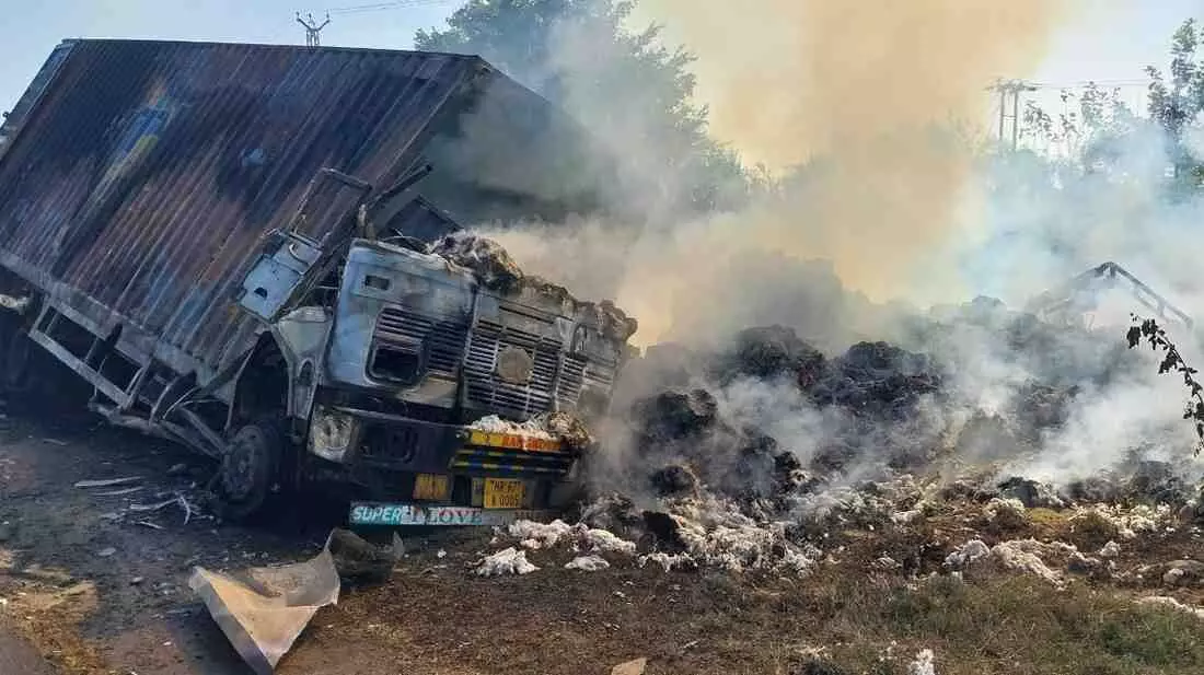 A container caught fire at the Navaniya Chauraha overbridge A container caught fire at the Navaniya Chauraha overbridge