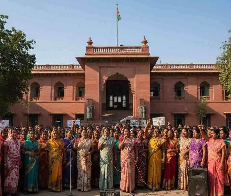 Scheme workers stage a massive protest at the district collectorate,