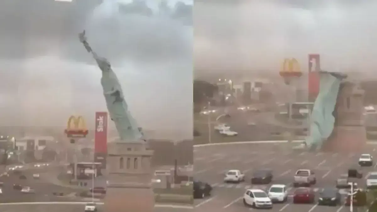 A giant replica of the Statue of Liberty was toppled by strong storm winds, causing panic in the Brazilian city of Guaíba. A giant replica of the Statue of Liberty was toppled by strong storm winds, causing panic in the Brazilian city of Guaíba.