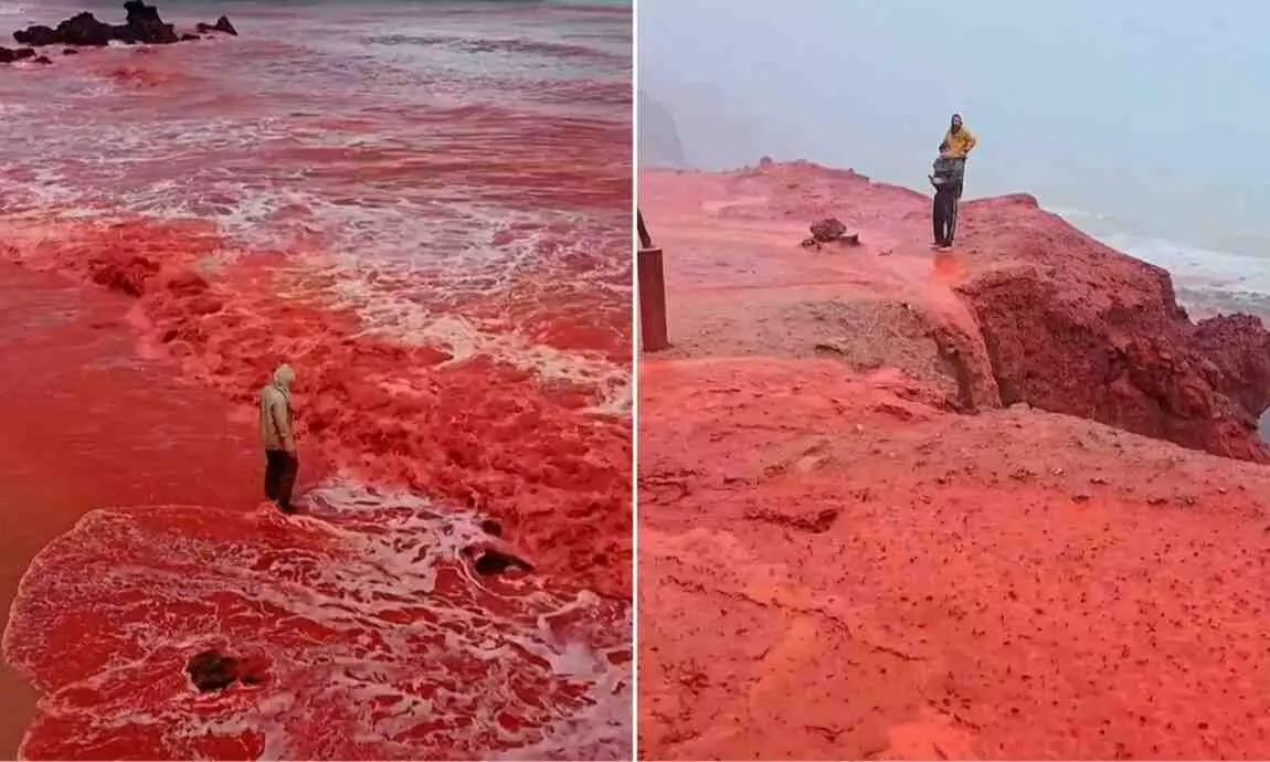 Irans Hormuz Islands beaches turn red after rain, a natural wonder that has drawn global attention. Irans Hormuz Islands beaches turn red after rain, a natural wonder that has drawn global attention.