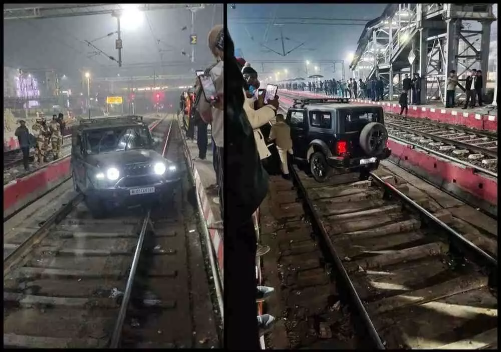 Mahindra Thar rams onto tracks at Dimapur railway station Mahindra Thar rams onto tracks at Dimapur railway station