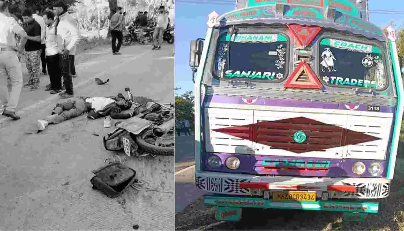 Two-wheeler rider killed, wife seriously injured in horrific collision with truck; search continues for absconding truck driver Two-wheeler rider killed, wife seriously injured in horrific collision with truck; search continues for absconding truck driver