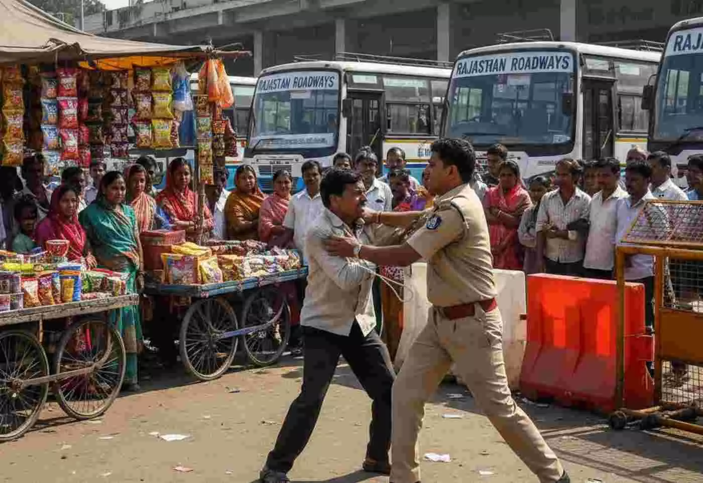 Attack on uniform: Police scuffled with those who went to stop encroachment at the roadways bus stand Attack on uniform: Police scuffled with those who went to stop encroachment at the roadways bus stand