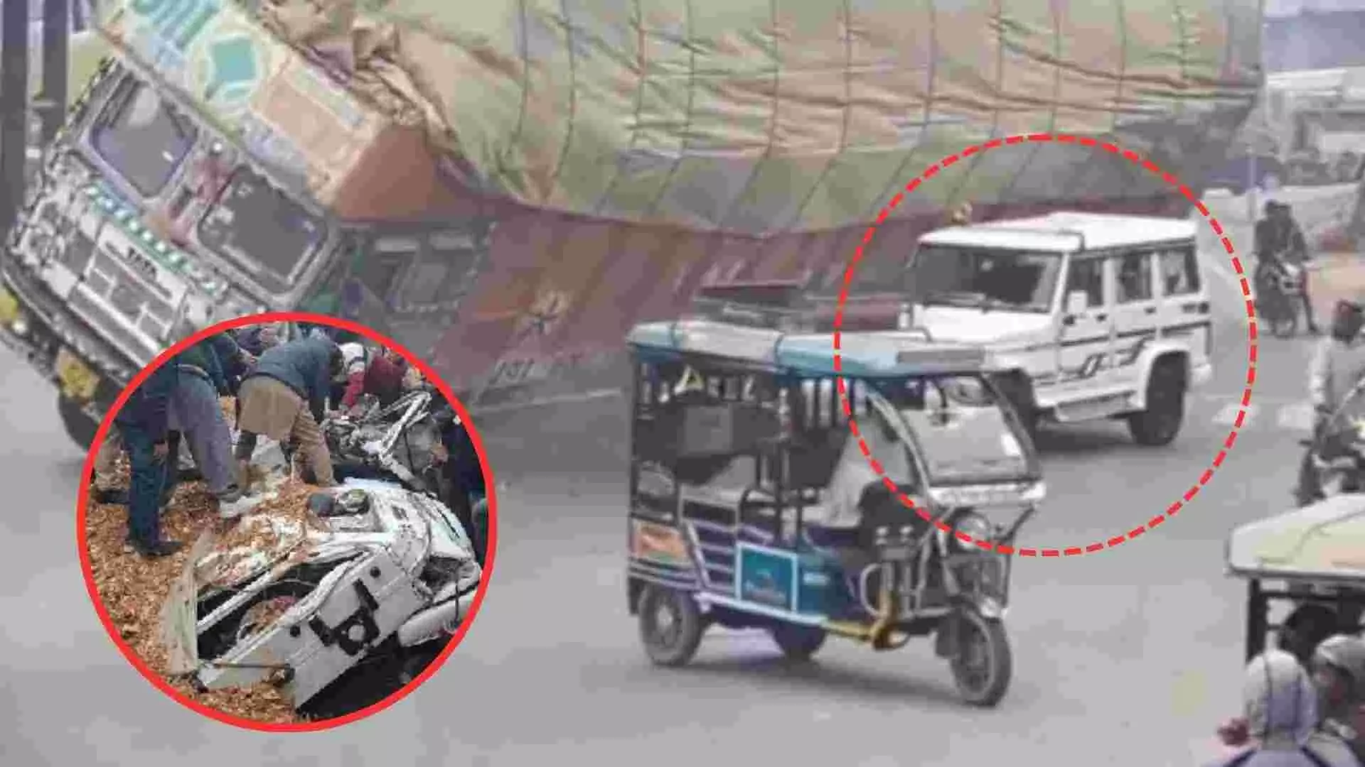 A momentary lapse in traffic caused an overloaded truck to overturn on a Bolero belonging to the electricity department in Uttar Pradesh A momentary lapse in traffic caused an overloaded truck to overturn on a Bolero belonging to the electricity department in Uttar Pradesh