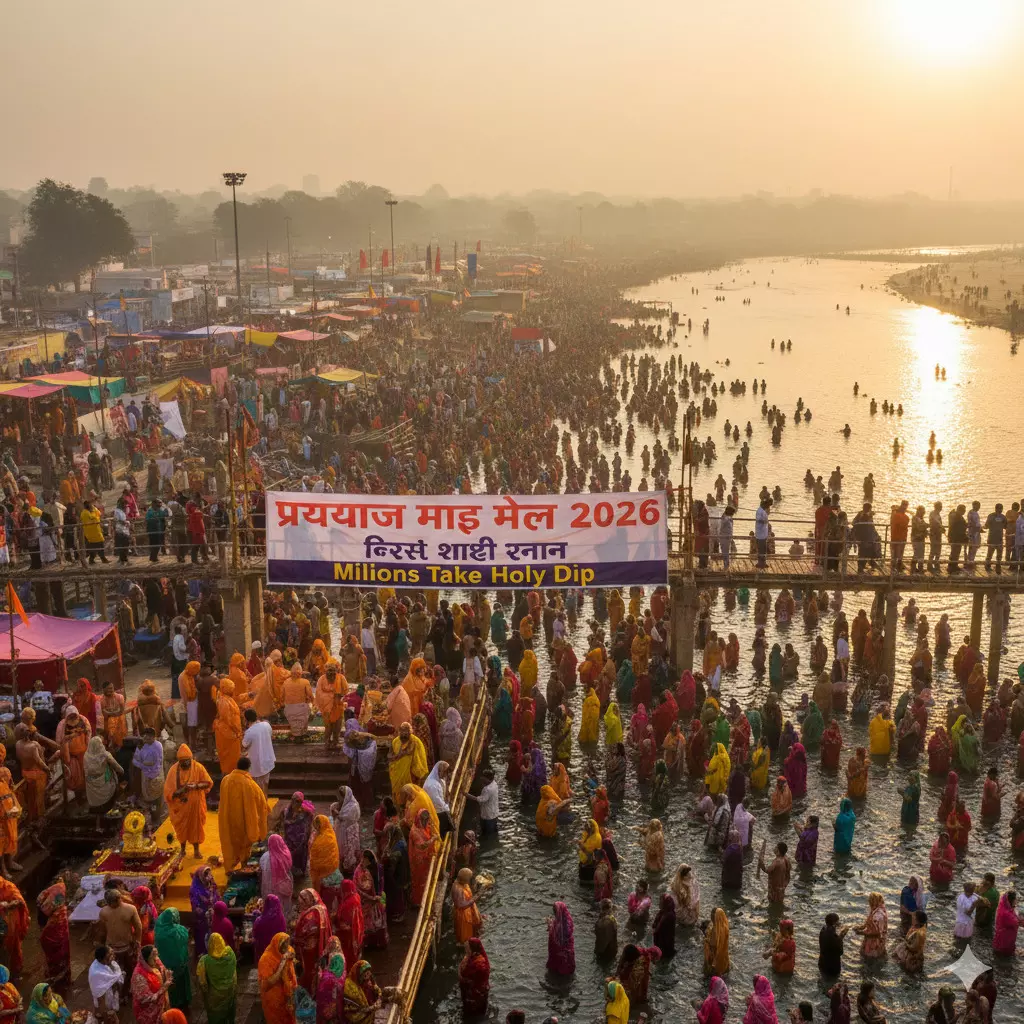 प्रयागराज में महापर्व का आगाज: लाखों श्रद्धालुओं ने लगाई संगम में डुबकी, भक्ति के रंग में रंगा माघ मेला।