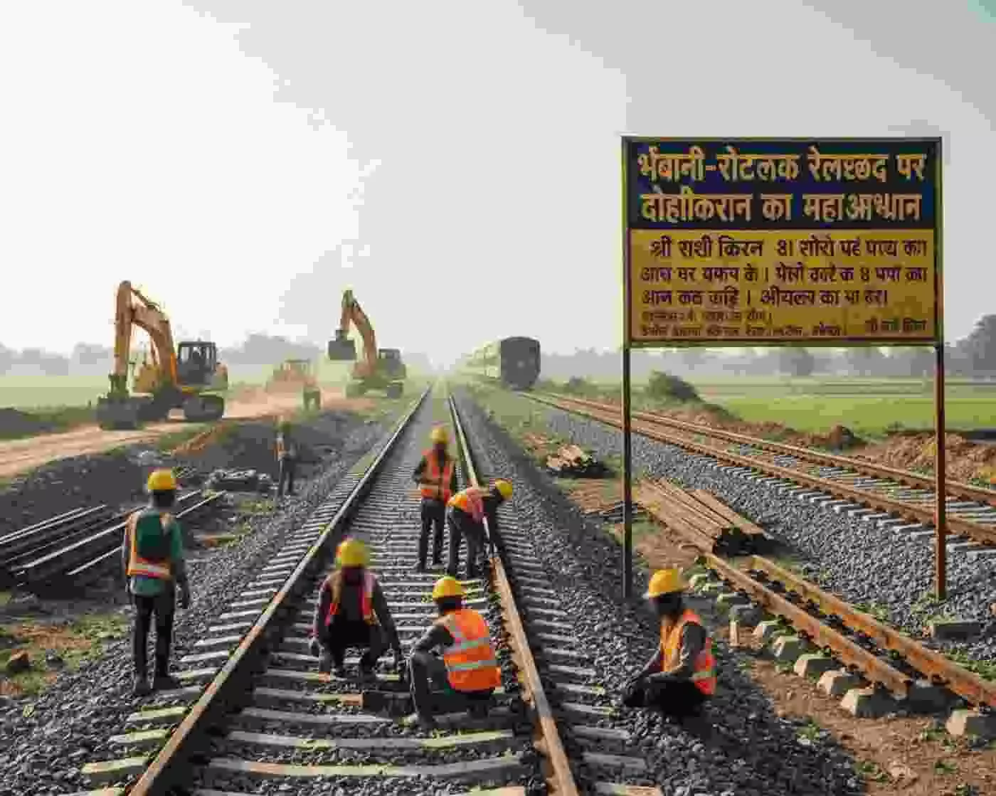 Ai generated image-भिवानी-रोहतक रेलखण्ड पर दोहरीकरण का महाअभियान: यात्रा के समीकरण बदलेंगे, कई ट्रेनें थमीं