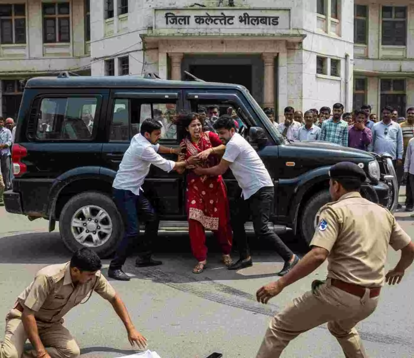 Ai generated image.भीलवाड़ा: कलेक्ट्रेट परिसर में फिल्मी स्टाइल में नवविवाहिता का अपहरण, खाकी को रौंदने की कोशिश के बाद दो आरोपित गिरफ्तार