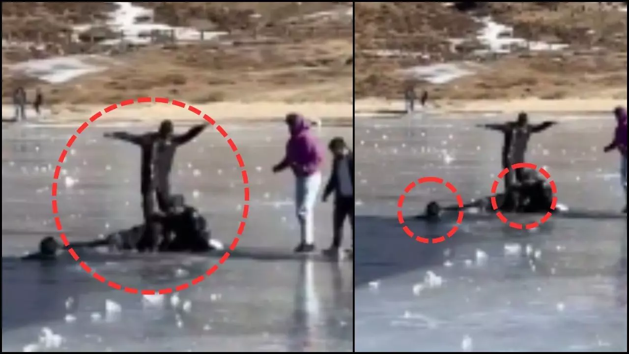 Dinu and Mahadev, both from Kerala, drowned while taking a selfie on Tawangs frozen Sela Lake. Dinu and Mahadev, both from Kerala, drowned while taking a selfie on Tawangs frozen Sela Lake.