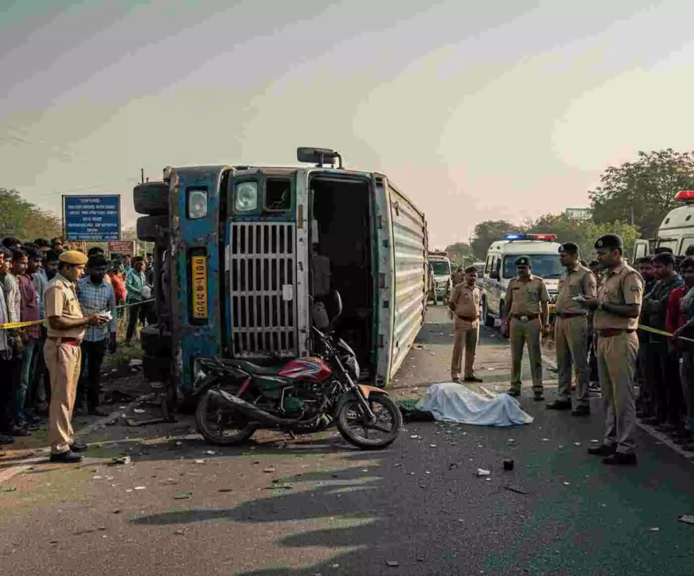 Ai generated image.डीग: पुलिस लाइन के पास भीषण सड़क हादसा, कंटेनर की टक्कर से बाइक सवार युवक की दर्दनाक मौत