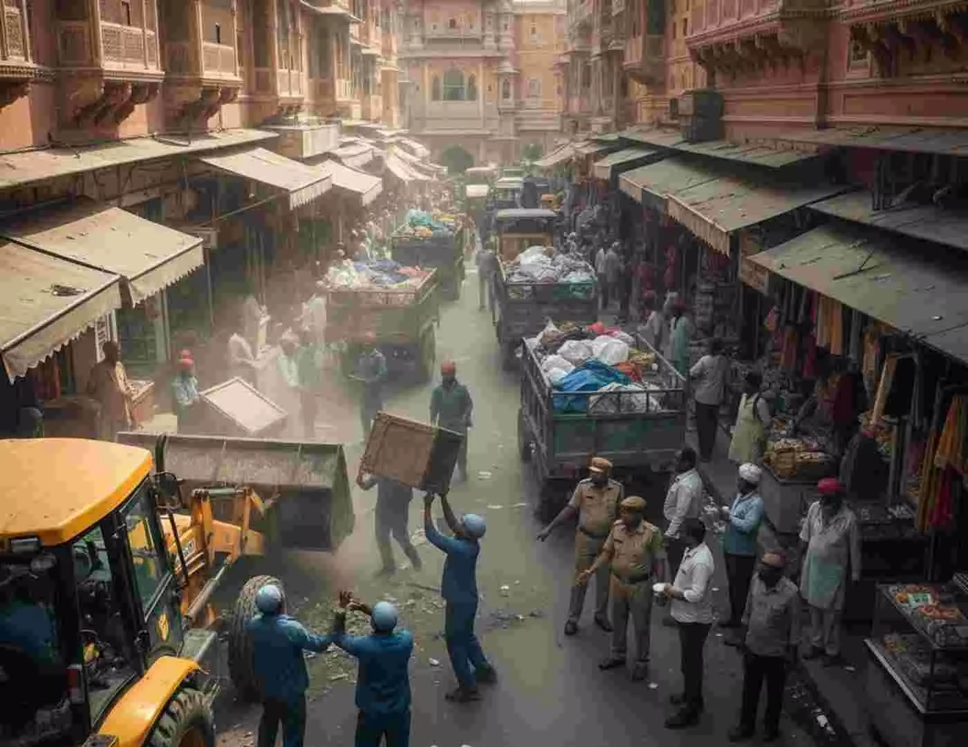 Ai generated image.जयपुर में नगर निगम का बड़ा एक्शन: परकोटे की सड़कों पर चला पीला पंजा, 35 ठिकानों से हटाया गया अतिक्रमण