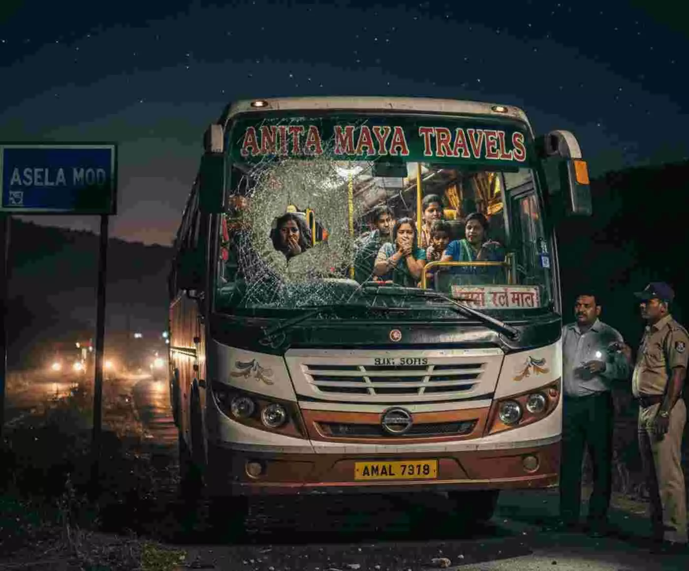 Ai generated image.डूंगरपुर में सनसनी: रात के अंधेरे में निजी बस पर पथराव, बाल-बाल बची यात्रियों की जान Ai generated image.डूंगरपुर में सनसनी: रात के अंधेरे में निजी बस पर पथराव, बाल-बाल बची यात्रियों की जान