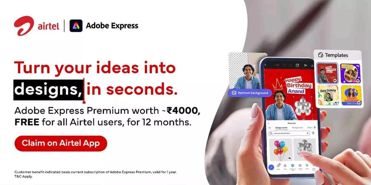 एयरटेल थैंक्स ऐप का इंटरफेस और एडोबी एक्सप्रेस प्रीमियम का लोगो डिजिटल स्क्रीन पर दिखाई दे रहा है। एयरटेल थैंक्स ऐप का इंटरफेस और एडोबी एक्सप्रेस प्रीमियम का लोगो डिजिटल स्क्रीन पर दिखाई दे रहा है।