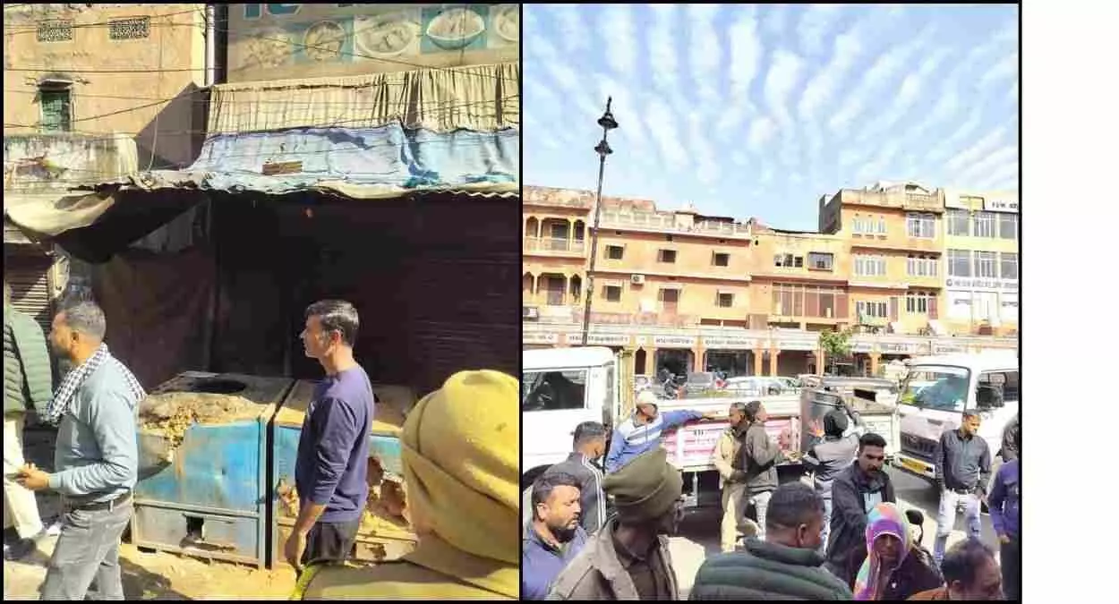जयपुर नगर निगम की टीम महेश नगर में सड़क किनारे से अस्थाई अतिक्रमण हटाकर सामान जब्त कर रही है। जयपुर नगर निगम की टीम महेश नगर में सड़क किनारे से अस्थाई अतिक्रमण हटाकर सामान जब्त कर रही है।