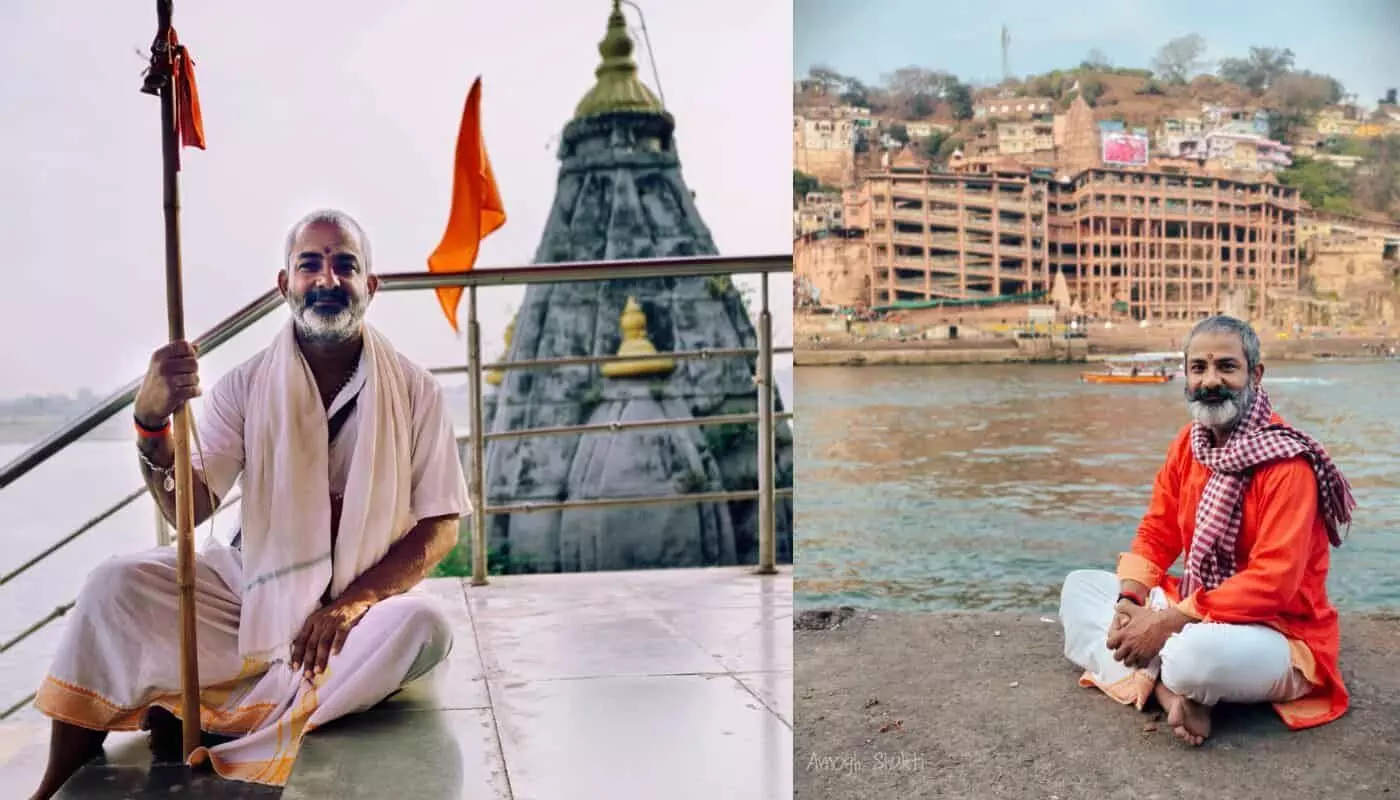 ओंकारेश्वर में नर्मदा नदी के तट पर सन्यास वेश में खड़े पंडित अखिलेश औदीच्य परिक्रमा पूर्ण होने के उपलक्ष्य में। ओंकारेश्वर में नर्मदा नदी के तट पर सन्यास वेश में खड़े पंडित अखिलेश औदीच्य परिक्रमा पूर्ण होने के उपलक्ष्य में।