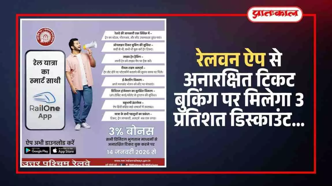 रेलवे स्टेशन पर स्मार्टफोन से रेलवन ऐप का उपयोग कर डिजिटल अनारक्षित टिकट बुक करता यात्री।
