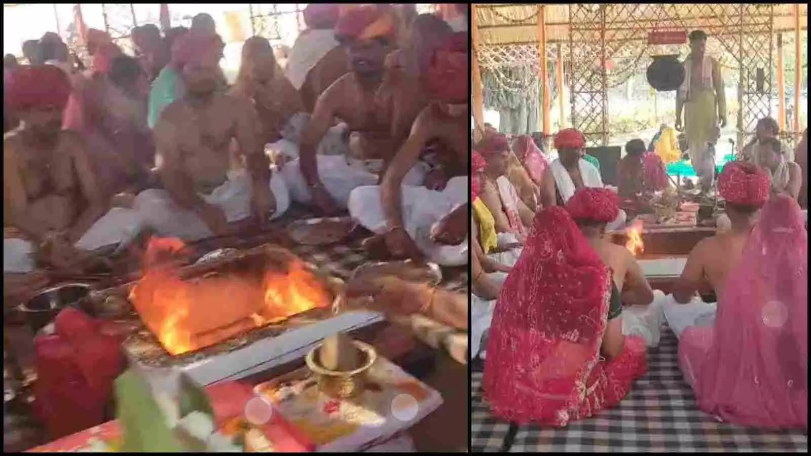 निचली मियारी गांव के पंडाल में यज्ञ अनुष्ठान के दौरान हवन कुंड में आहुति देते श्रद्धालु और बैठे हुए लोग। निचली मियारी गांव के पंडाल में यज्ञ अनुष्ठान के दौरान हवन कुंड में आहुति देते श्रद्धालु और बैठे हुए लोग।