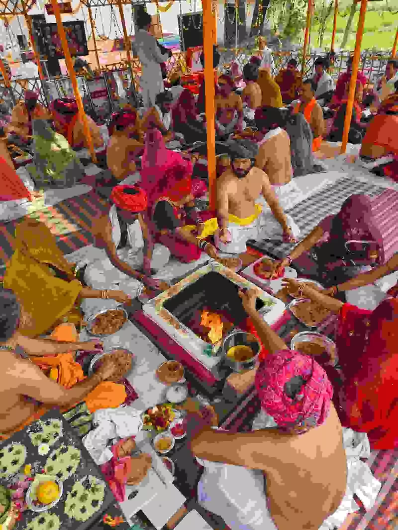 केलवा के आमली कुआं में जोगेश्वर महादेव मंदिर के यज्ञ अनुष्ठान में आहुति देते ग्रामीण और पंडित। केलवा के आमली कुआं में जोगेश्वर महादेव मंदिर के यज्ञ अनुष्ठान में आहुति देते ग्रामीण और पंडित।