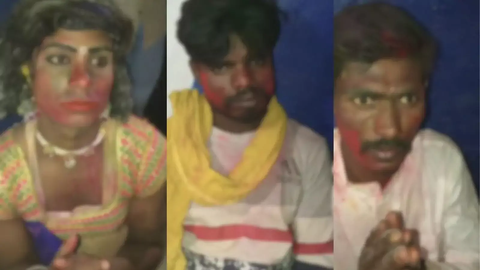 राजसमंद में पुलिसकर्मी महिलाओं के कपड़े पहने युवकों को बच्चा चोर की शंका होने पर थाने ले जाते हुए।