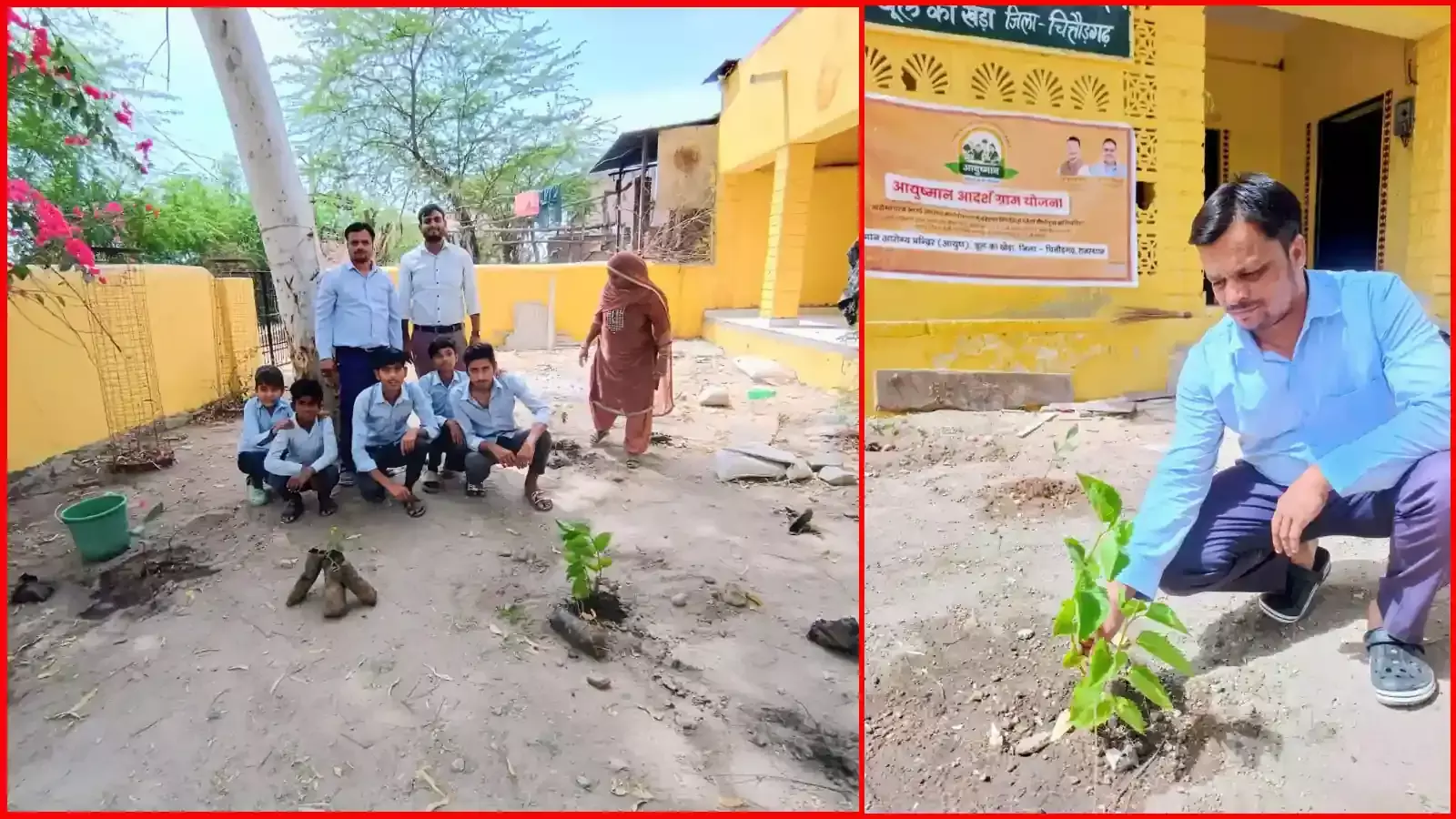 बूल का खेड़ा के राजकीय आयुर्वेद औषधालय में औषधीय पौधे लगाते हुए ग्रामीण और आयुर्वेद विभाग के कर्मचारी।