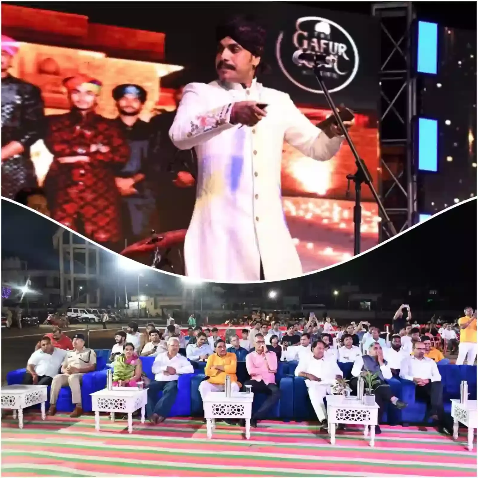 सवाई माधोपुर के छोटा राजबाग मैदान में सांस्कृतिक कार्यक्रम के दौरान मंच पर लोक संगीत गाते कलाकार। सवाई माधोपुर के छोटा राजबाग मैदान में सांस्कृतिक कार्यक्रम के दौरान मंच पर लोक संगीत गाते कलाकार।