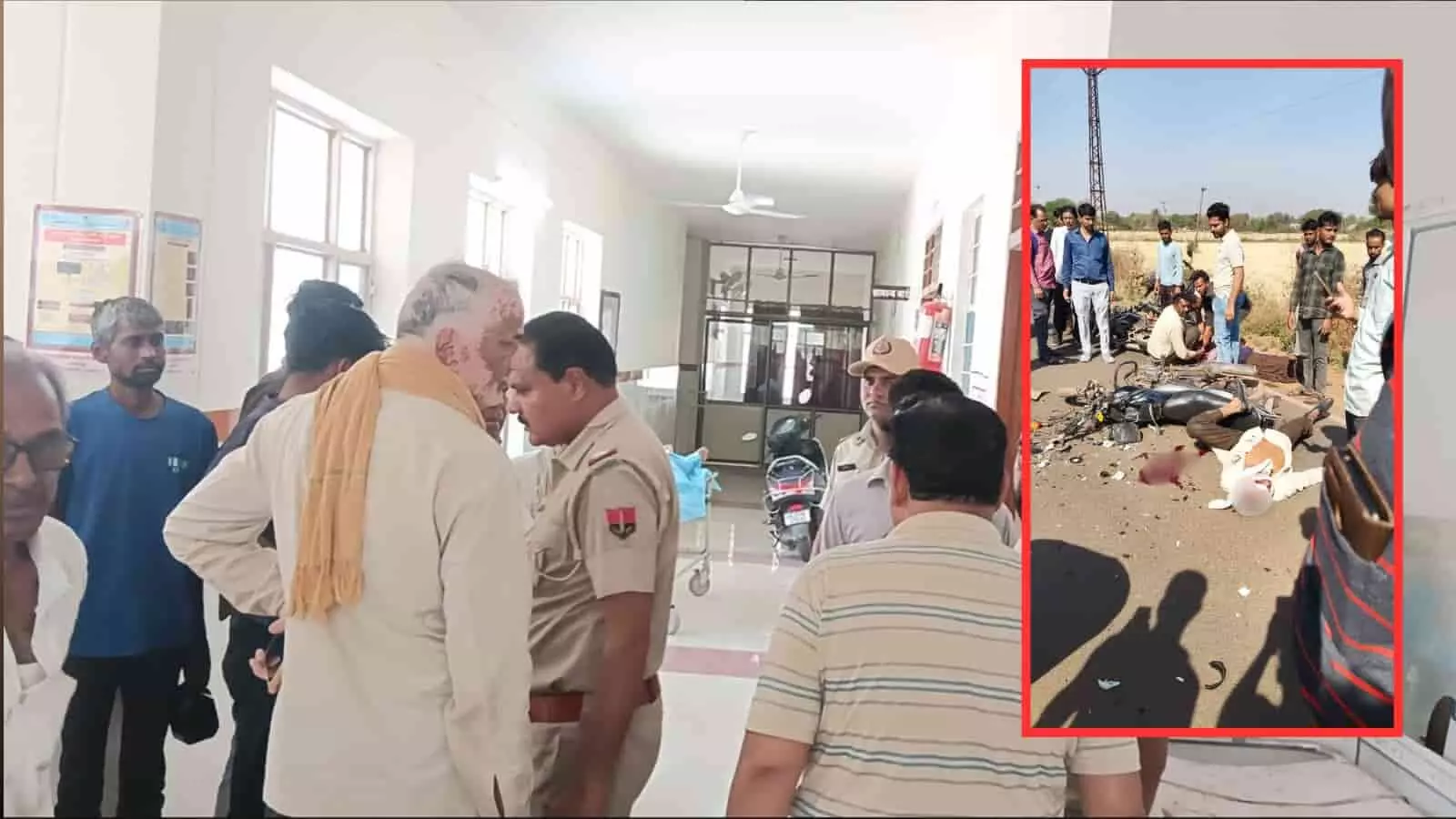 छोटीसादड़ी में नीमच स्टेट हाईवे पर सड़क दुर्घटना के बाद अस्पताल के बाहर खड़ी एम्बुलेंस और पुलिस कर्मी। छोटीसादड़ी में नीमच स्टेट हाईवे पर सड़क दुर्घटना के बाद अस्पताल के बाहर खड़ी एम्बुलेंस और पुलिस कर्मी।
