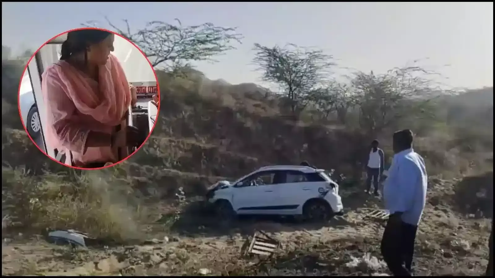 ब्यावर नेशनल हाईवे पर सड़क हादसे के बाद घायलों की मदद करती महिला परिचालक और रोडवेज बस।