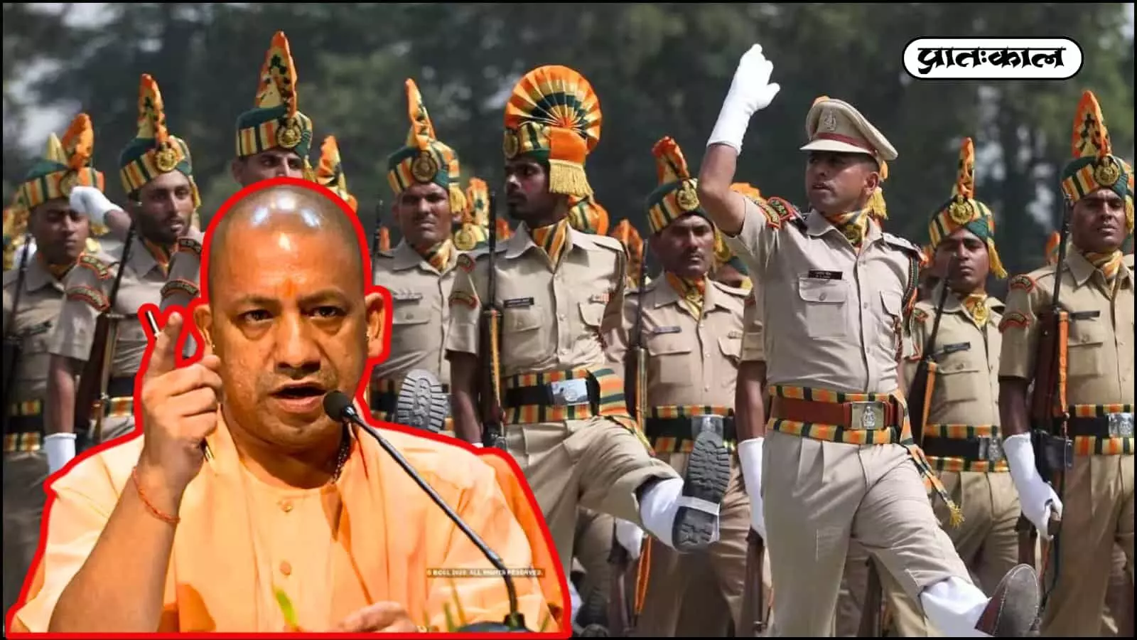 मुख्यमंत्री योगी आदित्यनाथ की तस्वीर और मार्च पास्ट करते उत्तर प्रदेश पुलिस के जवान लखनऊ में भर्ती घोषणा के संदर्भ में। मुख्यमंत्री योगी आदित्यनाथ की तस्वीर और मार्च पास्ट करते उत्तर प्रदेश पुलिस के जवान लखनऊ में भर्ती घोषणा के संदर्भ में।