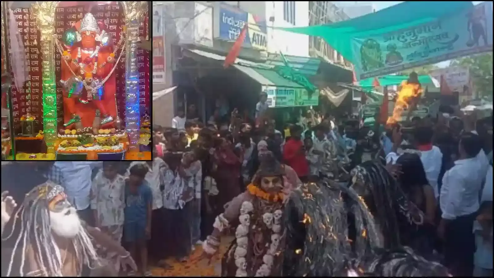 रायपुर के मुख्य बाजार में हनुमान जयंती रैली के दौरान तैनात पुलिस बल और बजरंग दल कार्यकर्ता।