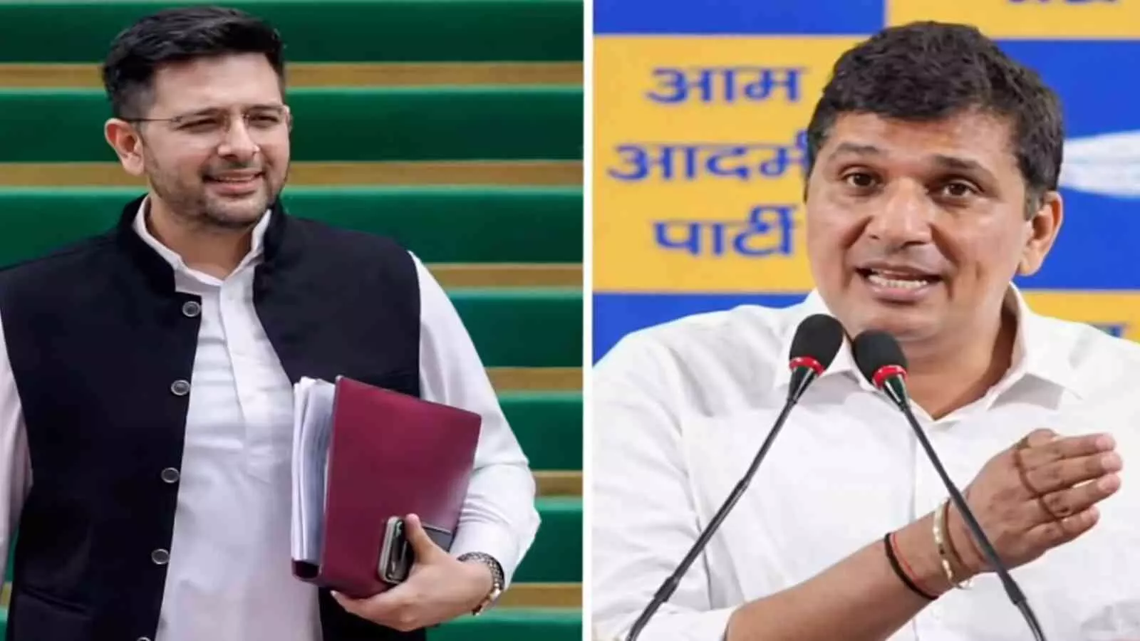 एक तरफ मुस्कुराते हुए राघव चड्ढा और दूसरी तरफ प्रेस वार्ता करते सौरभ भारद्वाज की संयुक्त तस्वीर। एक तरफ मुस्कुराते हुए राघव चड्ढा और दूसरी तरफ प्रेस वार्ता करते सौरभ भारद्वाज की संयुक्त तस्वीर।