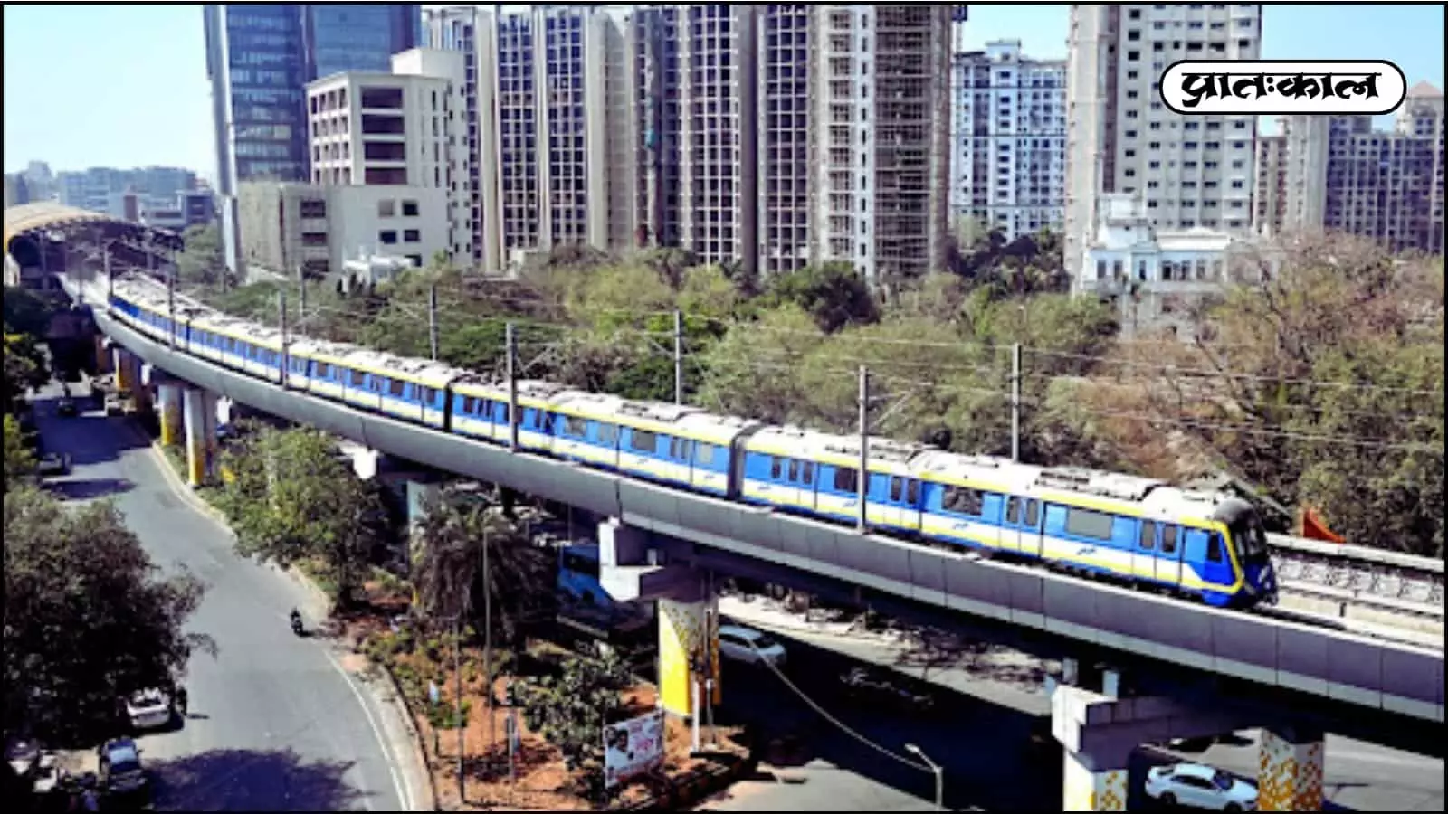 दहिसर से मीरा रोड के बीच नवनिर्मित मुंबई मेट्रो लाइन 9 का एलिवेटेड ट्रैक और स्टेशन।