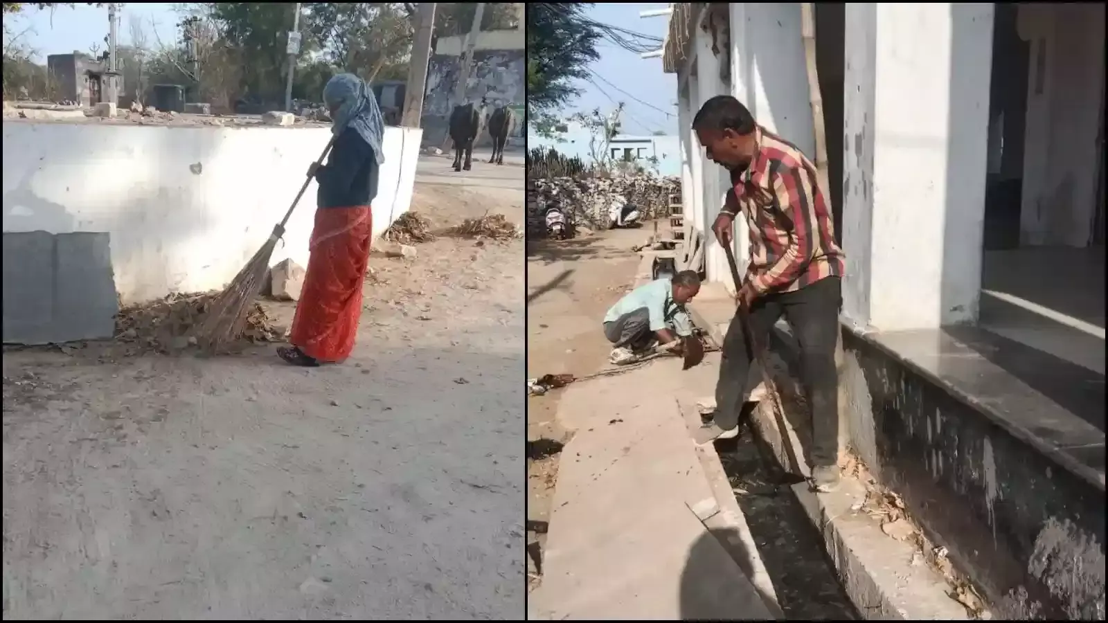 धायला ग्राम पंचायत में स्वच्छता अभियान के दौरान गलियों और नालियों की सफाई करते सफाई कर्मी।
