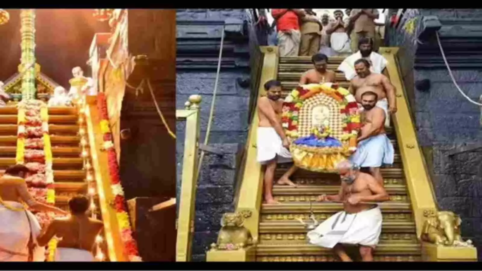 सबरीमाला मंदिर केरल की स्वर्ण सीढ़ियों पर पुजारियों द्वारा धार्मिक अनुष्ठान करने का दृश्य। सबरीमाला मंदिर केरल की स्वर्ण सीढ़ियों पर पुजारियों द्वारा धार्मिक अनुष्ठान करने का दृश्य।