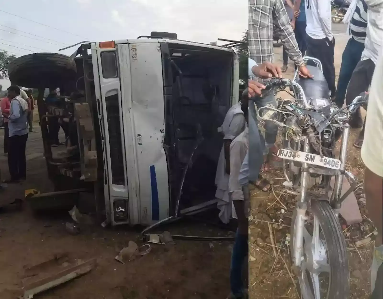 सूरौठ में सड़क किनारे पलटी हुई निजी स्कूल बस और जुटी हुई ग्रामीणों की भीड़ का दृश्य।