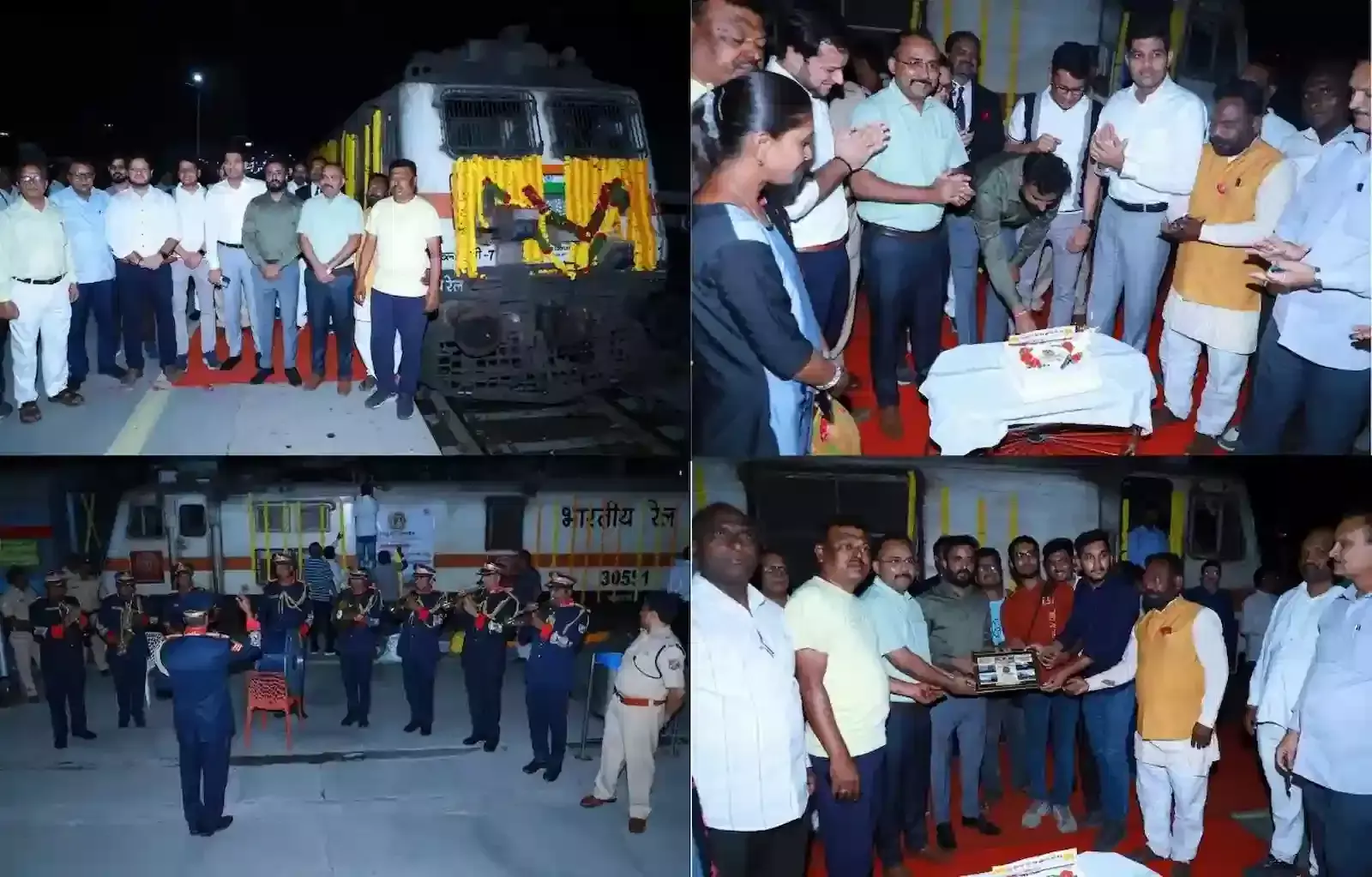 फूलों से सजा हुआ सिद्धेश्वर एक्सप्रेस का रेल इंजन सोलापुर स्टेशन पर स्वर्ण जयंती समारोह के दौरान खड़ा है। फूलों से सजा हुआ सिद्धेश्वर एक्सप्रेस का रेल इंजन सोलापुर स्टेशन पर स्वर्ण जयंती समारोह के दौरान खड़ा है।