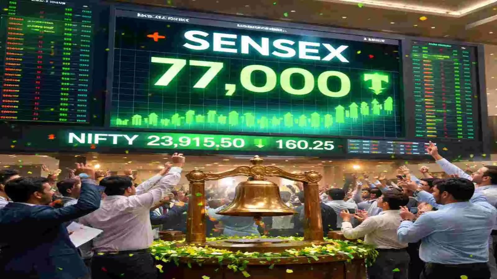 स्टॉक मार्केट डिस्प्ले बोर्ड के सामने खुशी मनाते लोग और डिजिटल स्क्रीन पर 77,000 का स्तर। स्टॉक मार्केट डिस्प्ले बोर्ड के सामने खुशी मनाते लोग और डिजिटल स्क्रीन पर 77,000 का स्तर।