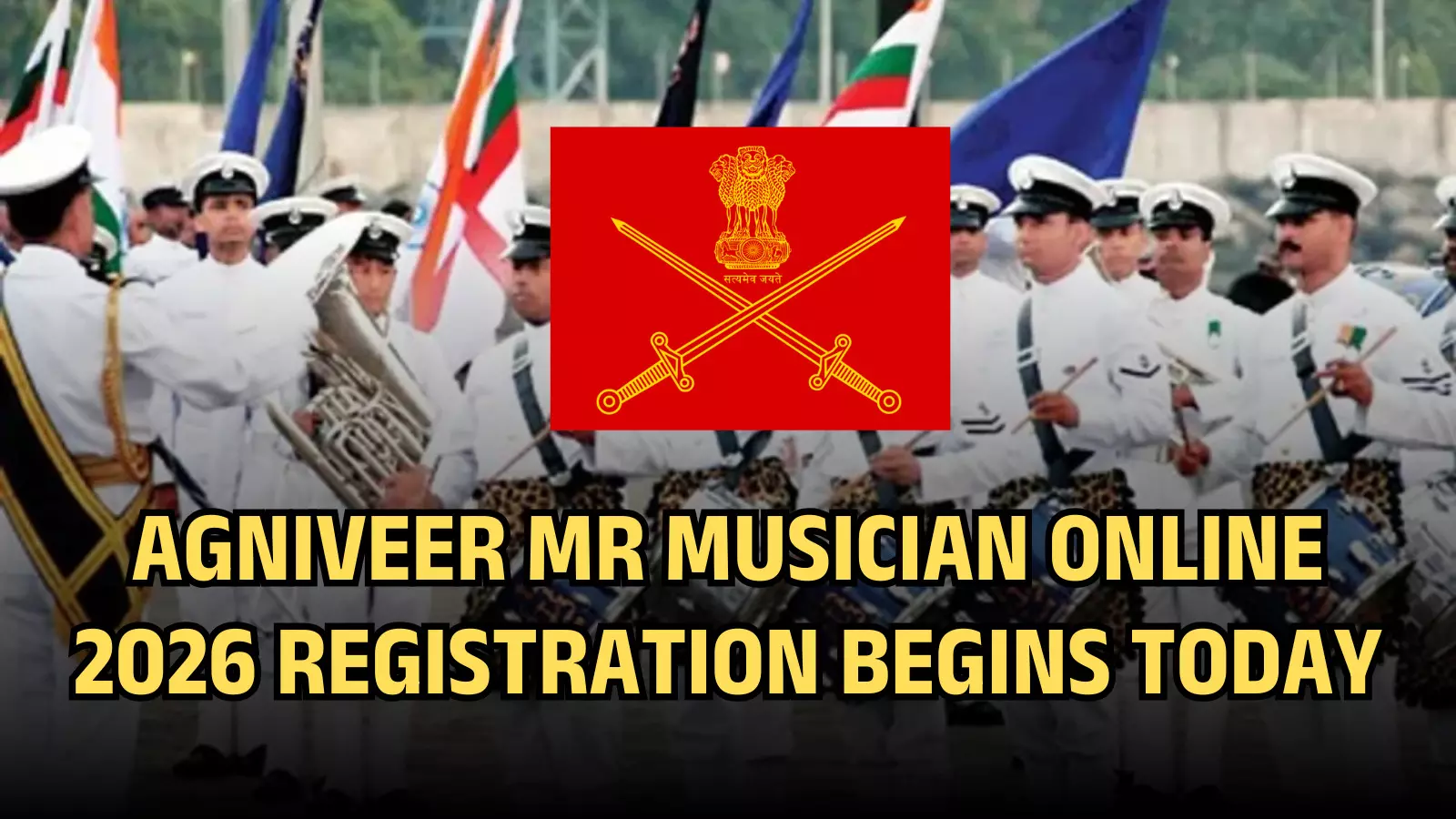 सफेद वर्दी में वाद्ययंत्र बजाते नौसेना के संगीतकार अग्निवीर एमआर म्यूजिशियन भर्ती के विज्ञापन ग्राफिक्स के साथ। सफेद वर्दी में वाद्ययंत्र बजाते नौसेना के संगीतकार अग्निवीर एमआर म्यूजिशियन भर्ती के विज्ञापन ग्राफिक्स के साथ।