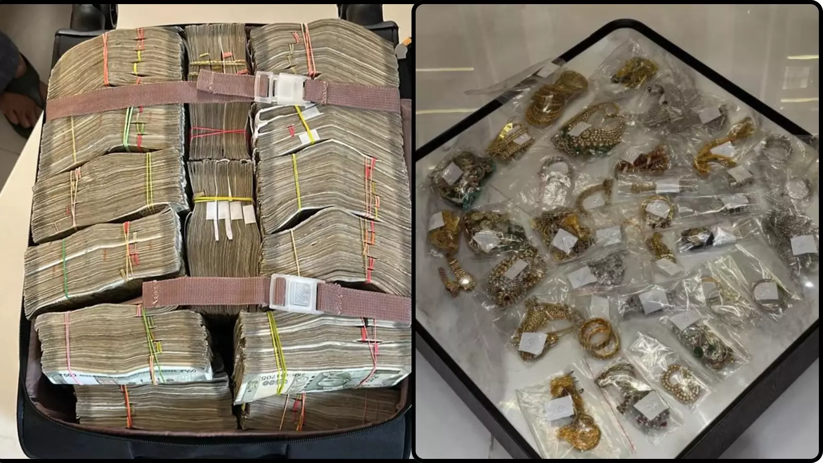 सूटकेस में भरे हुए भारतीय नोटों के बंडल और प्लास्टिक बैग में रखे आभूषण दिल्ली छापेमारी के संदर्भ में। सूटकेस में भरे हुए भारतीय नोटों के बंडल और प्लास्टिक बैग में रखे आभूषण दिल्ली छापेमारी के संदर्भ में।
