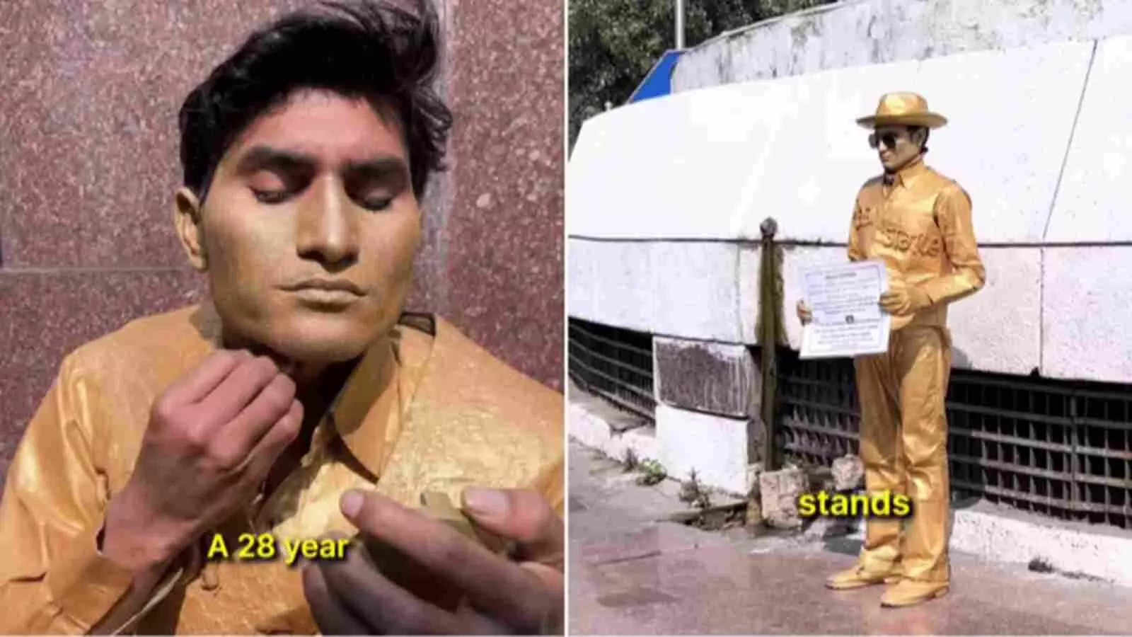 सुनहरे रंग में रंगा एक व्यक्ति दिल्ली के कनॉट प्लेस में मूर्ति बनकर खड़ा है।