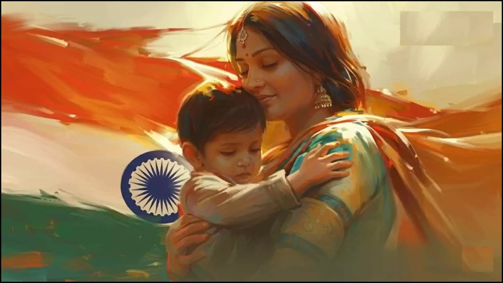 भारतीय तिरंगे की पृष्ठभूमि में एक माँ अपने बच्चे को गले लगा रही है।