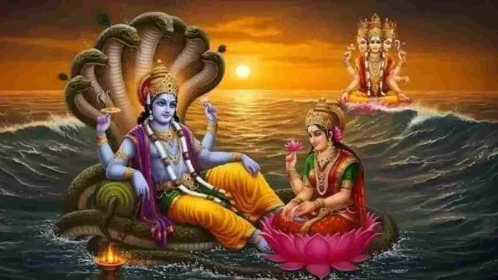शेषनाग पर विराजमान भगवान विष्णु और लक्ष्मी जी समुद्र के ऊपर सूर्योदय के समय