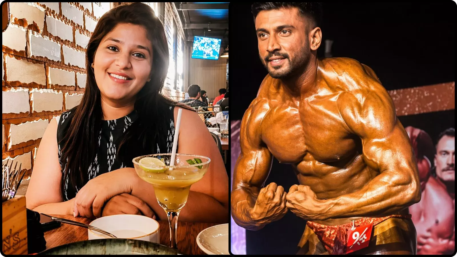 बाईं ओर मुस्कुराहट के साथ बैठी महिला और दाईं ओर शरीर प्रदर्शन करते फिटनेस ट्रेनर दीलीप। बाईं ओर मुस्कुराहट के साथ बैठी महिला और दाईं ओर शरीर प्रदर्शन करते फिटनेस ट्रेनर दीलीप।