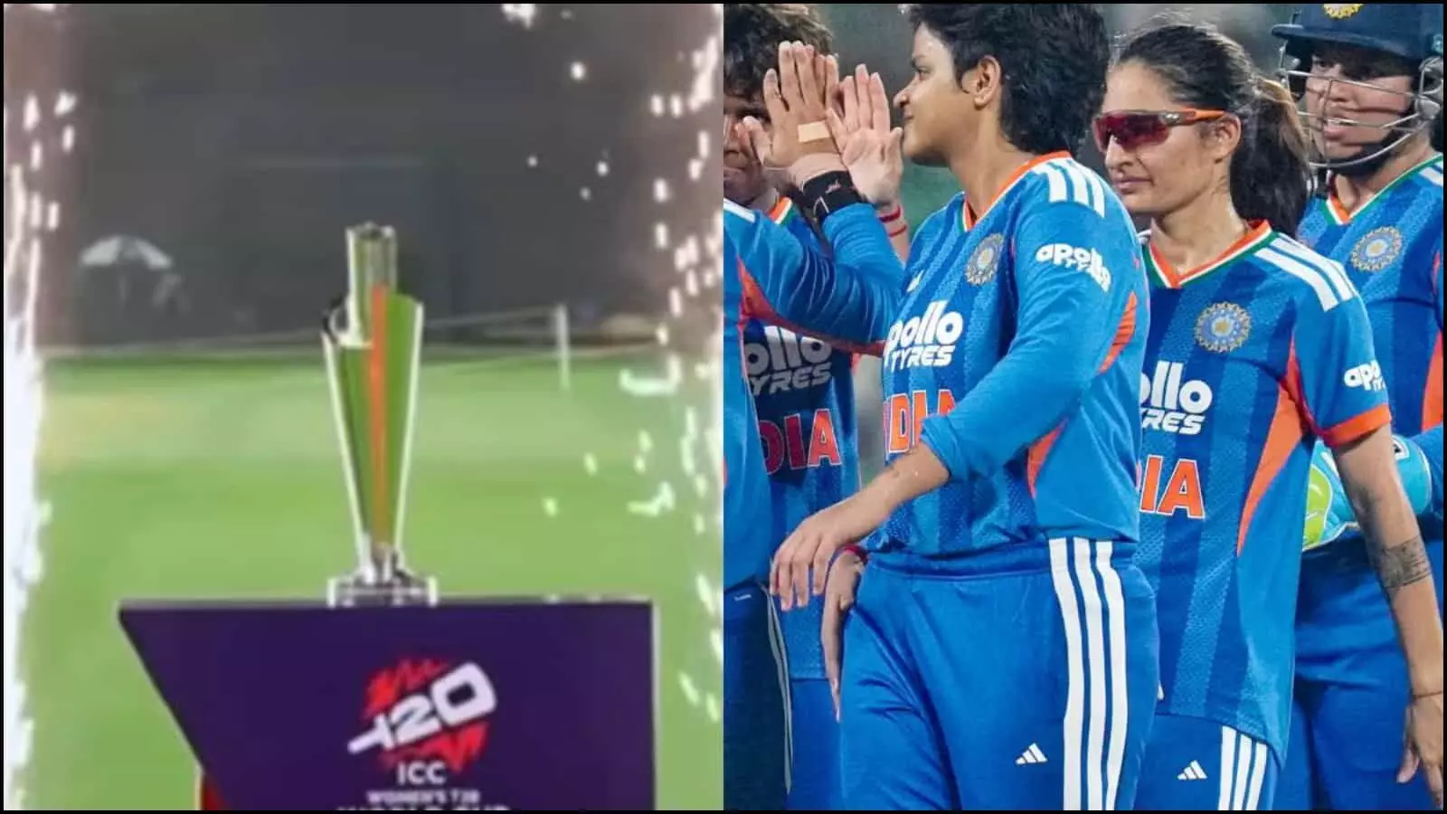 मैदान में रखी टी20 वर्ल्ड कप ट्रॉफी और नीली जर्सी में एक-दूसरे का अभिवादन करती महिला खिलाड़ी मैदान में रखी टी20 वर्ल्ड कप ट्रॉफी और नीली जर्सी में एक-दूसरे का अभिवादन करती महिला खिलाड़ी