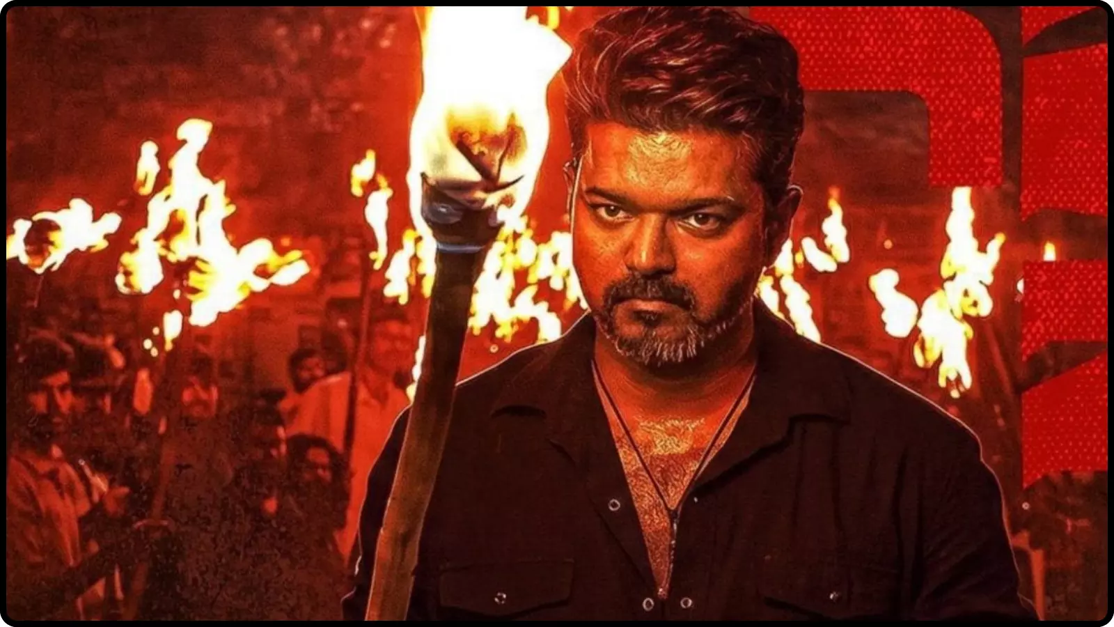 हाथ में जलती हुई मशाल लिए अभिनेता विजय फिल्म जन नायगन के एक दृश्य में। हाथ में जलती हुई मशाल लिए अभिनेता विजय फिल्म जन नायगन के एक दृश्य में।
