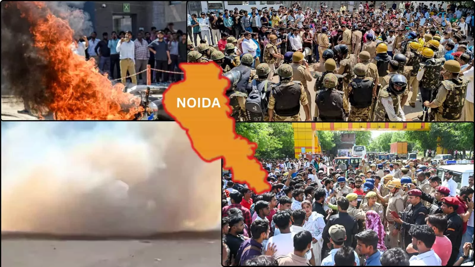 नोएडा के औद्योगिक क्षेत्र में पुलिस बल के सामने प्रदर्शन करते श्रमिक और आगजनी की घटना का कोलाज। नोएडा के औद्योगिक क्षेत्र में पुलिस बल के सामने प्रदर्शन करते श्रमिक और आगजनी की घटना का कोलाज।