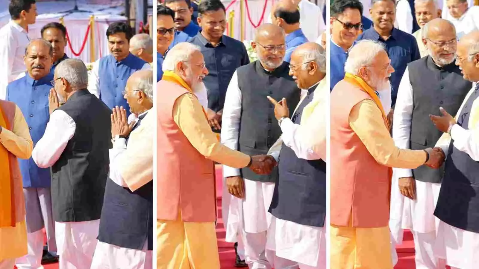 संसद भवन में प्रधानमंत्री नरेंद्र मोदी और मल्लिकार्जुन खरगे हाथ मिलाते और मुस्कुराते हुए दिख रहे हैं।