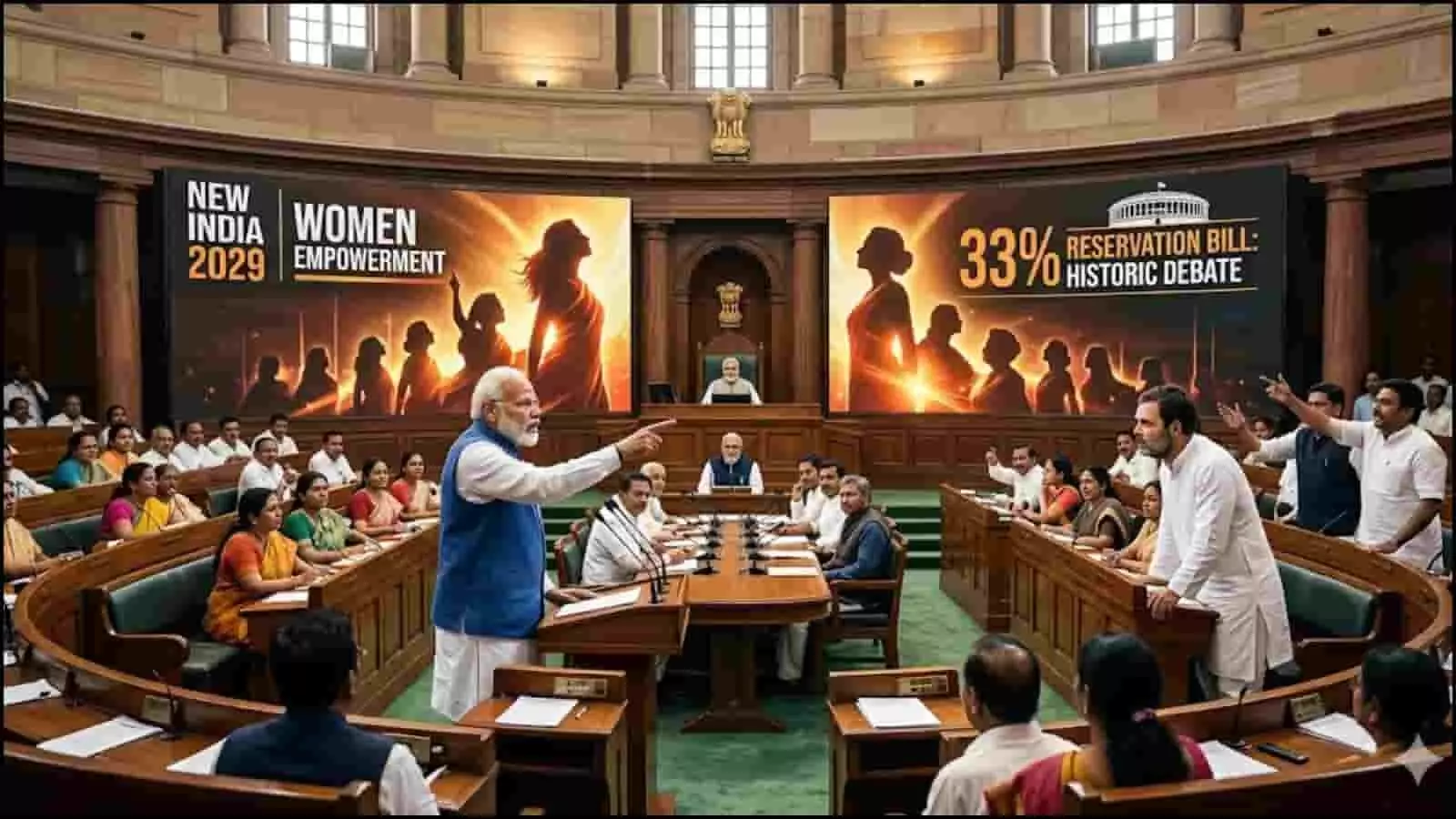 भारतीय संसद के सदन का एक दृश्य जहाँ महिला सशक्तिकरण और 33 प्रतिशत आरक्षण पर चर्चा दिखाई गई है।